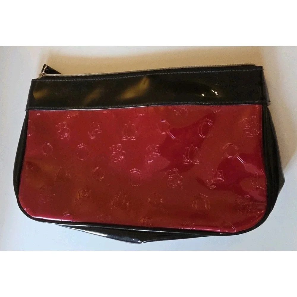 Lancome Engraved Dark‎ Red And Black Colorblock Logo Strap Zip Makeup/Travel Bag